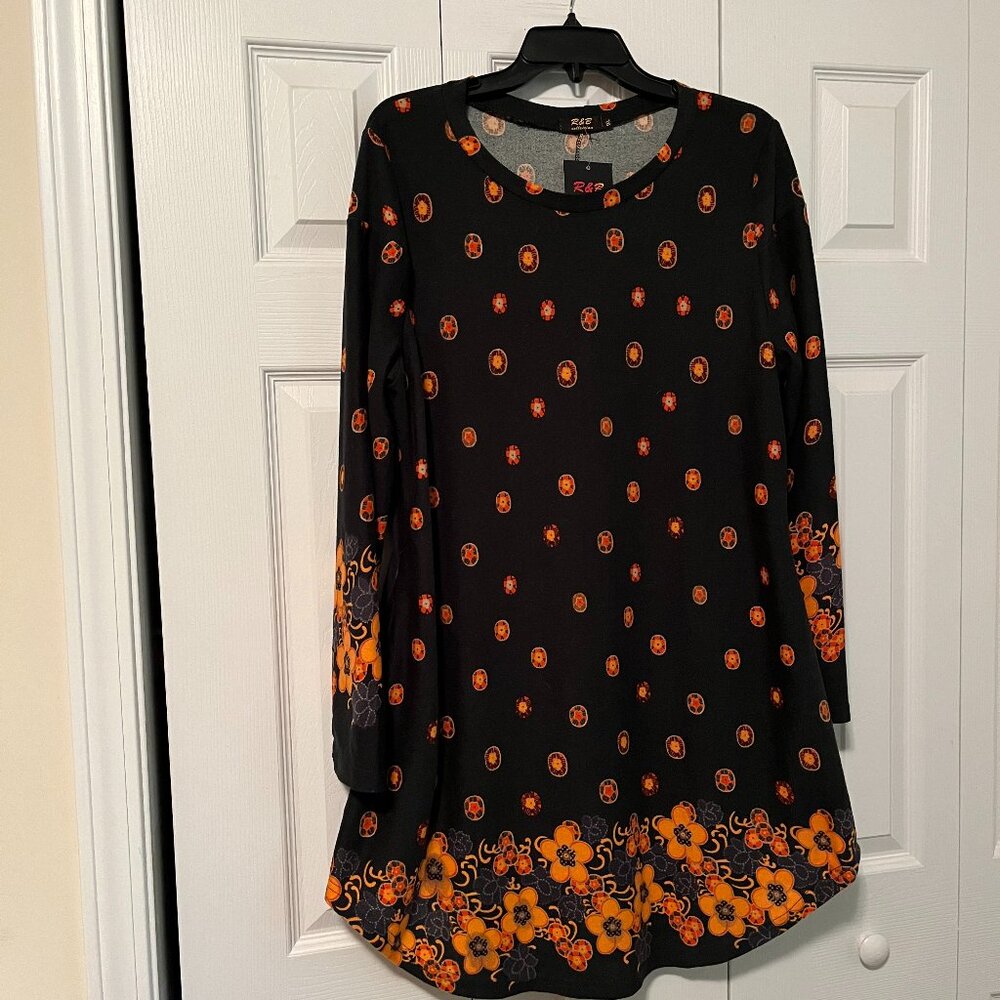 Women's Black Midi Dress with Orange Floral Border